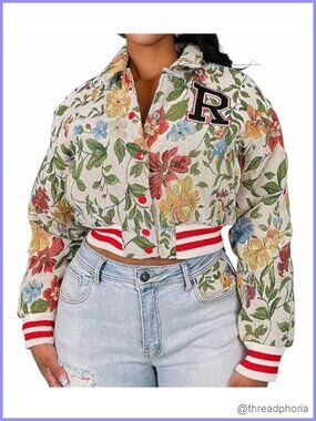 Floral Cropped Bomber Jacket Varsity Letter Patch Long Sleeve